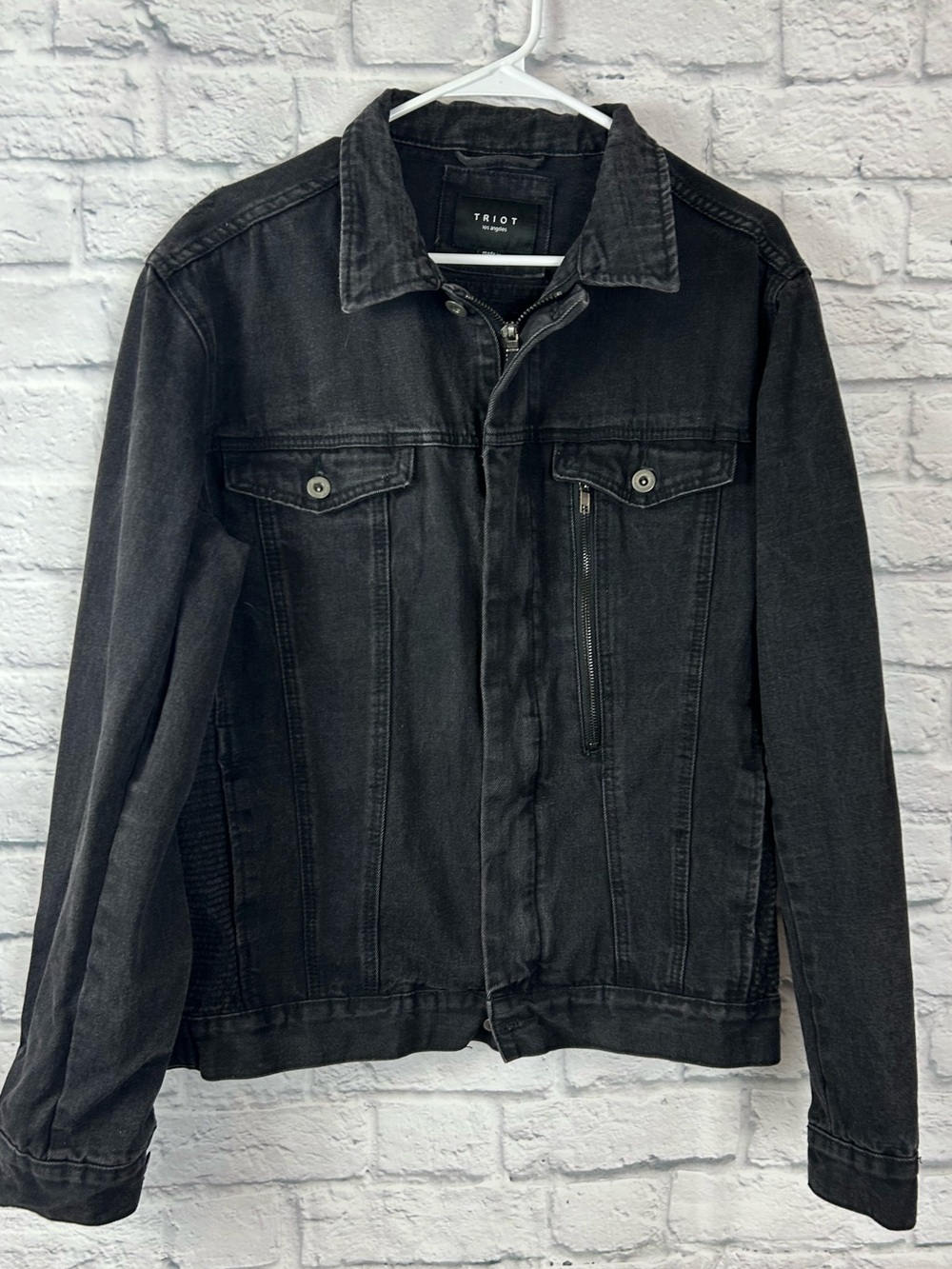 TRIOT Los Angeles Women’s XL Black Denim Moto Jacket Stretch Biker Zip Pockets
